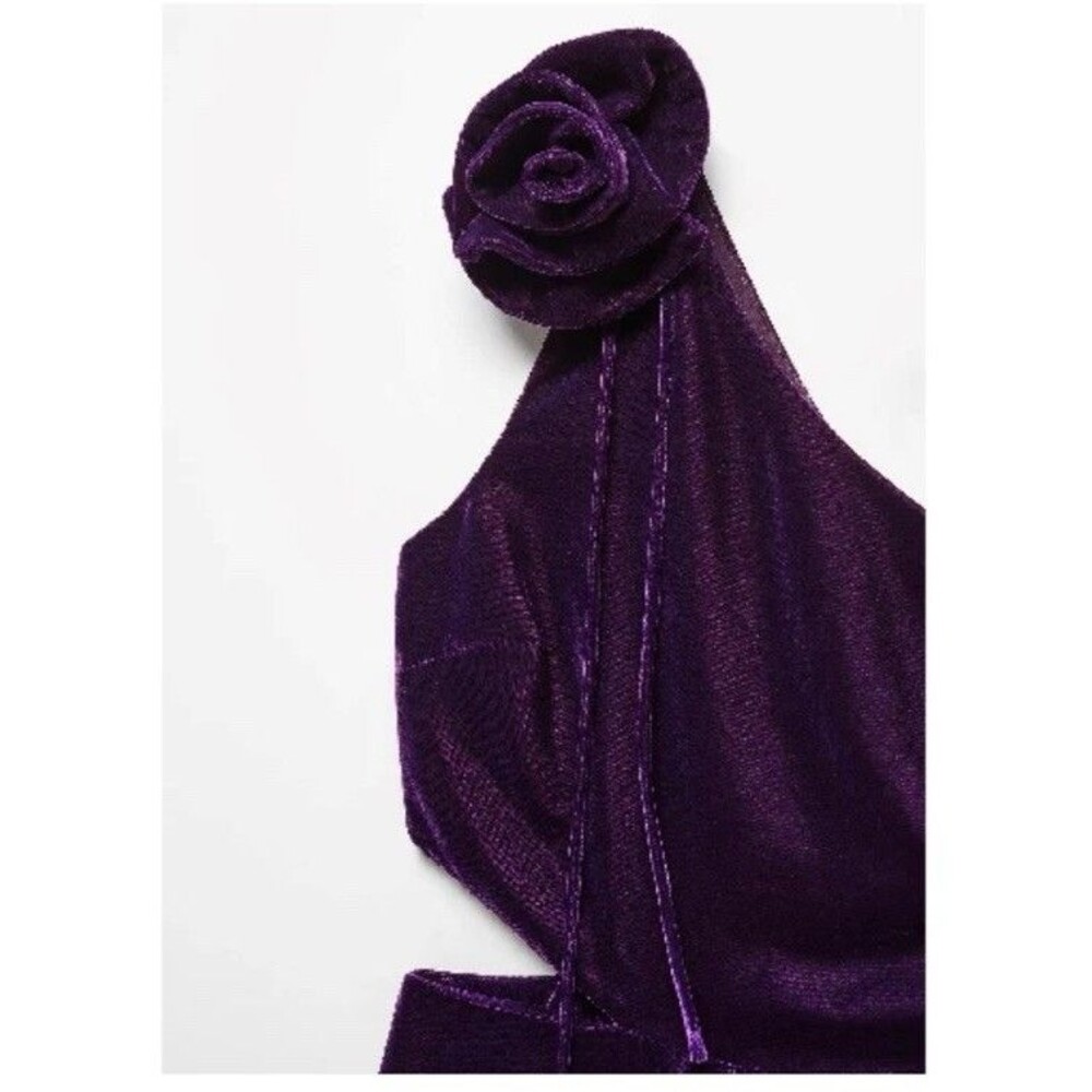 Mango MNG Velvet One-Shoulder Jumpsuit S Purple Flower Wide Leg‎ Party Holiday - Picture 4 of 14